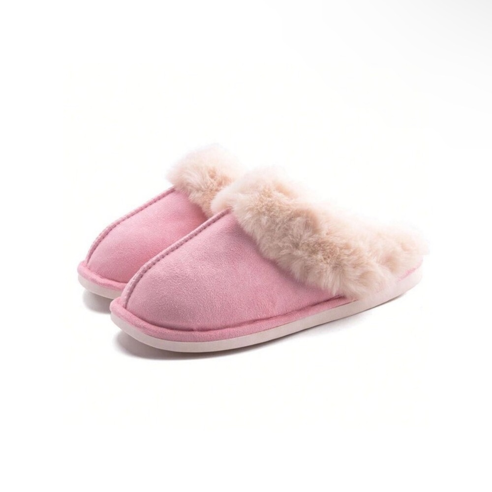 Fluffy faux fur lined faux suede slippers pink